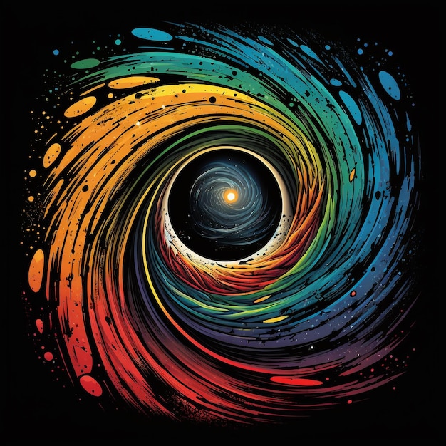 Une spirale colorée avec un trou noir au centre qui dit "galaxie" dessus