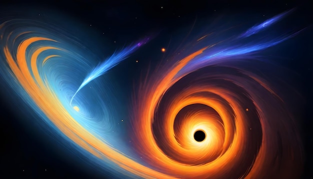 une spirale dans un trou noir avec une galaxie d'accrétion orange et bleue tourbillonnante avec le titre d'une spirale