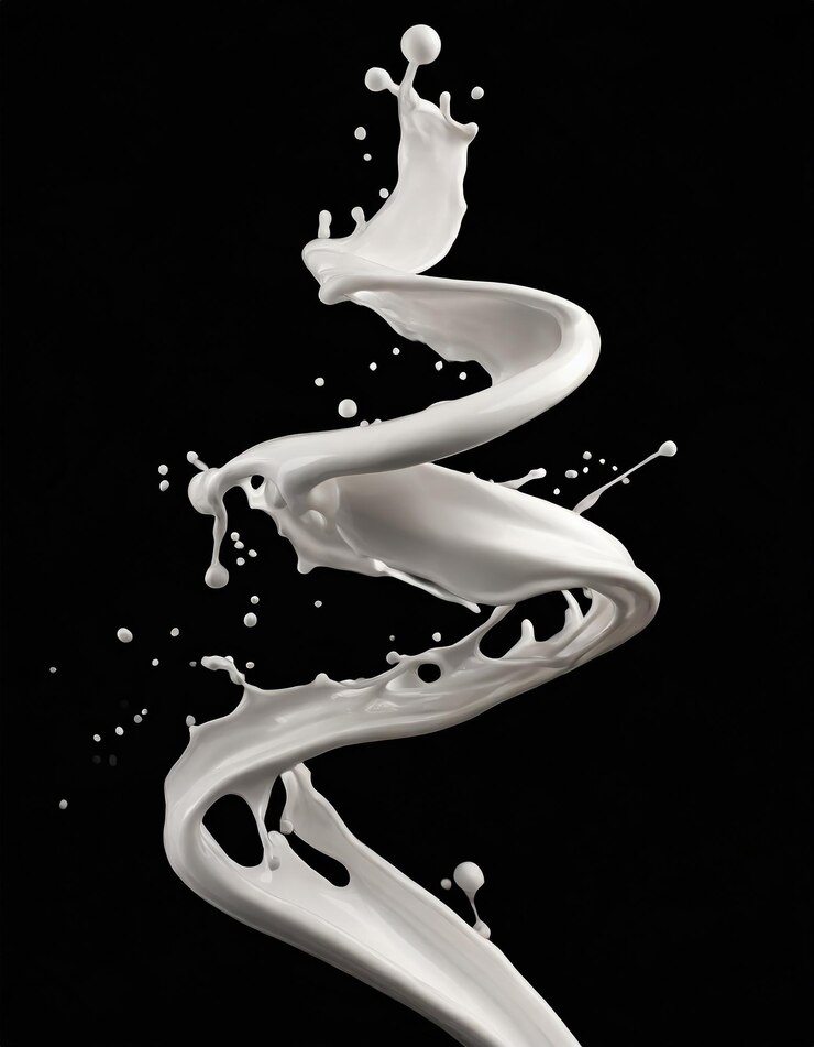spirale de lait éclaboussant vague de liquide éclaboussure de peinture blanche boucles de peinture curvy jet isolé sur fond noir