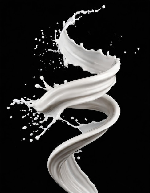 Photo spirale de lait éclaboussure d'onde liquide éclabousse de peinture blanche boucles de jet courbe isolé sur fond noir