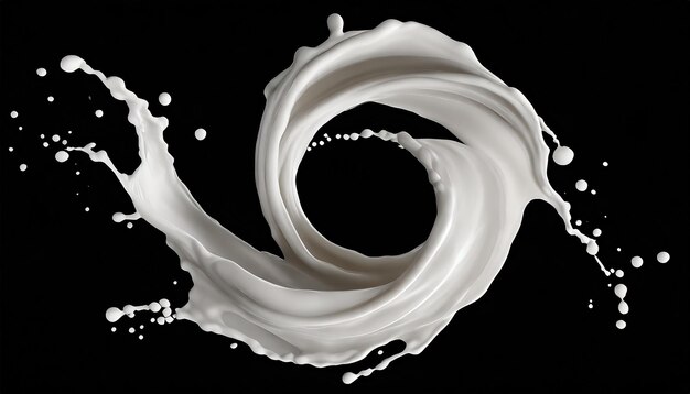 Photo spirale de lait éclaboussure d'onde liquide éclabousse de peinture blanche boucles de jet courbe isolé sur fond noir