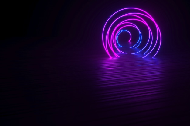 Spirale néon allongé sur une surface noire brillante