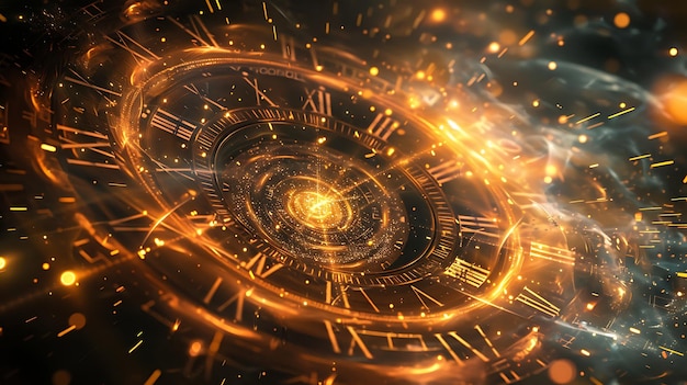 Photo spirale temporelle brillante abstraite fractale dorée brillante avec des particules