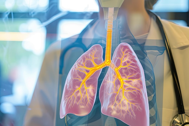 Photo la spirométrie mesure la fonction pulmonaire et détecte les problèmes respiratoires en évaluant le volume et la vitesse de l'air exhalé par les poumons.