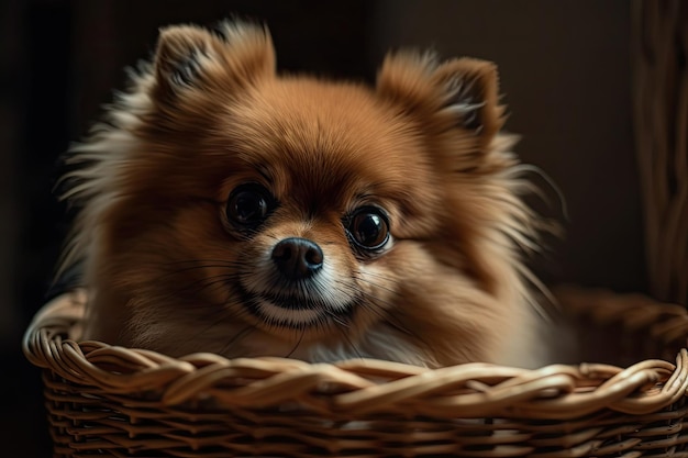 Le spitz de Poméranie dans le panier est un chien