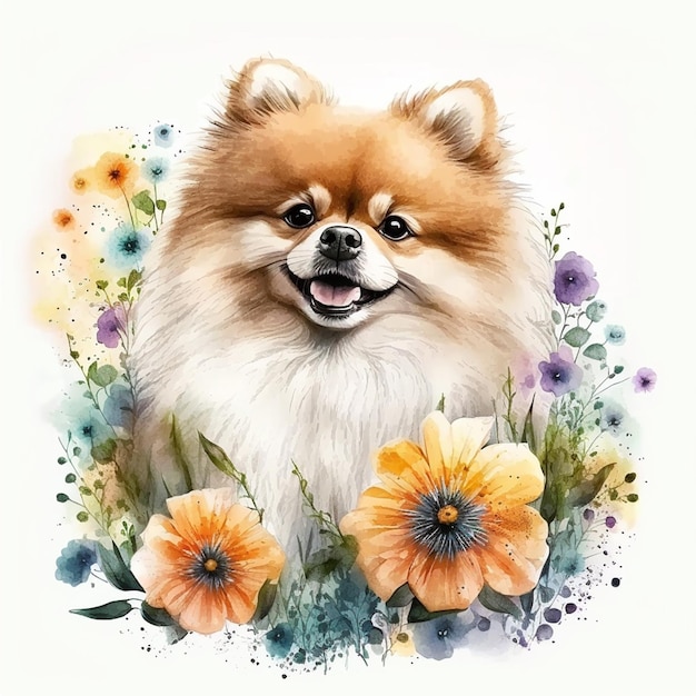 Spitz de Poméranie en fleurs à l'aquarelle et au crayon