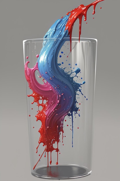 Splash artistique Peignez un verre avec un liquide qui sort et un liquide rouge et bleu qui sort