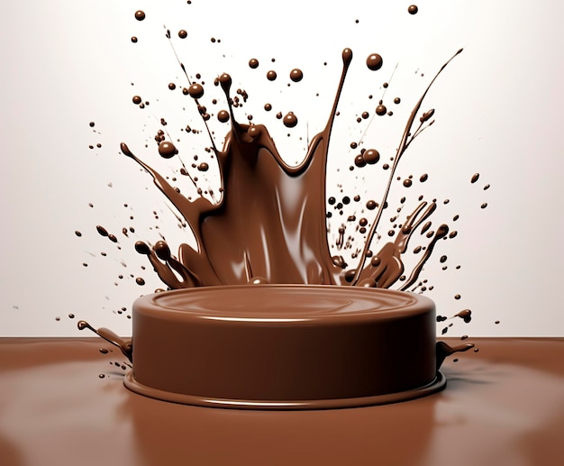 Splash de chocolat avec un fond de maquette de podium pour l'affichage de produits laitiers 3D IA générative