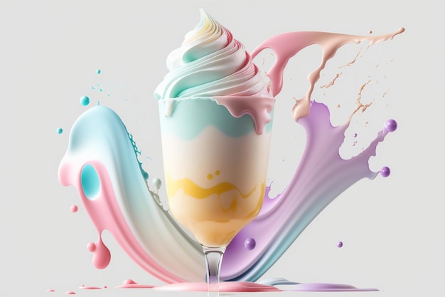 Splash crème glacée multicolore dans un bol en verre Splash et gouttes de lait frappé à la crème Illustration abstraite de couleurs pastel sur fond blanc générée par l'IA