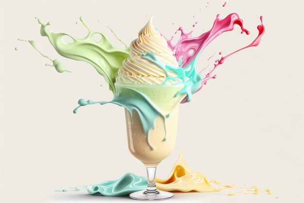 Splash crème glacée multicolore dans un bol en verre Splash et gouttes de lait frappé à la crème Illustration abstraite de couleurs pastel sur fond blanc générée par l'IA