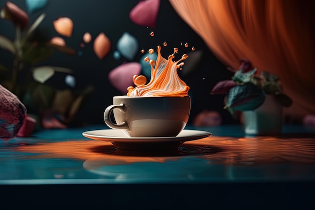 Splash dans une tasse de café sur la table sur le fond coloré défocalisé