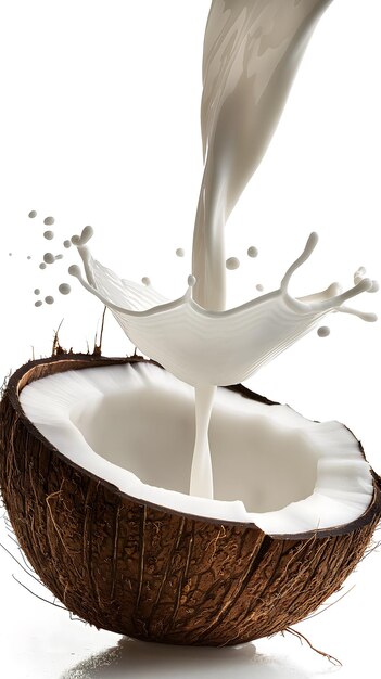 Splash dynamique de lait dans la moitié de la noix de coco sur fond blanc