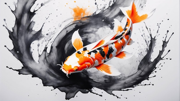 Photo splash d'encre noire illustration de poisson koi art traditionnel peinture chinoise sur fond blanc