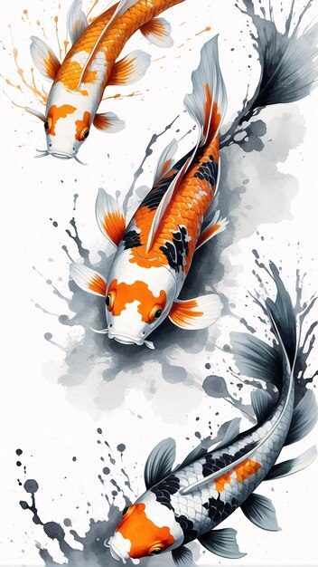 Photo splash d'encre noire illustration de poisson koi art traditionnel peinture chinoise sur fond blanc