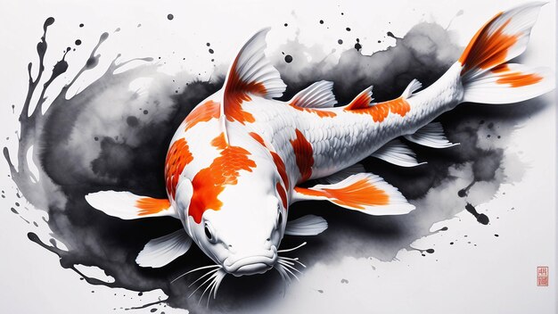 Photo splash d'encre noire illustration de poisson koi art traditionnel peinture chinoise sur fond blanc