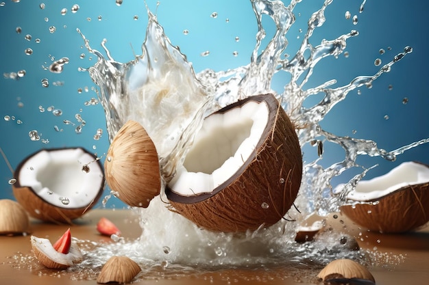 Splash de lait de coco avec des noix de coco pour smoothies ou cosmétiques IA générative