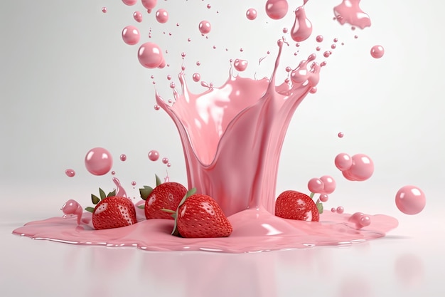 Splash de lait avec des fraises sur fond blanc