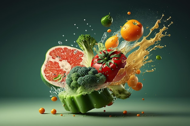 Splash lévitation d'aliments biologiques sélection de légumes et de fruits frais