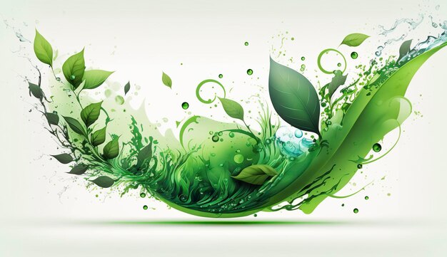 Splash de vague de tisane verte avec flux de feuilles