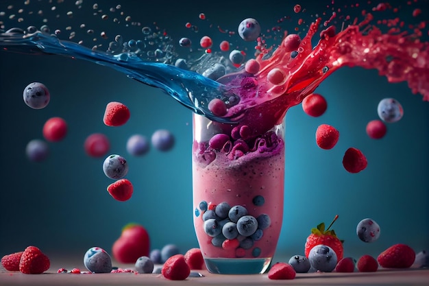 Splash en verre avec des fruits et des baies Colorful backgroundgenerative ai