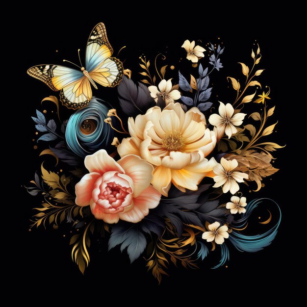 La splendeur dorée des fleurs et des papillons fascinants orne la toile d'ébène