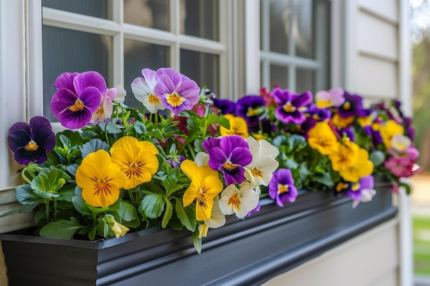 La splendeur du printemps Une fenêtre pittoresque ornée de pantalons colorés et de violes en pleine floraison