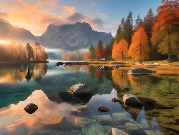 Splendeur enchanteresse du lever du soleil d'automne du lac Hintersee avec Rock Island et arbres