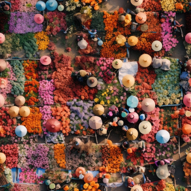 Splendeur fleurie Une perspective aérienne captivante d’un marché aux fleurs animé