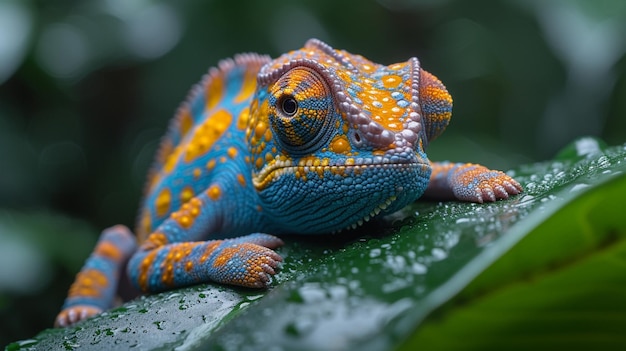 Splendeur vivante Un caméléon coloré s'accrochant à une goutte de pluie ornée de lièvre.