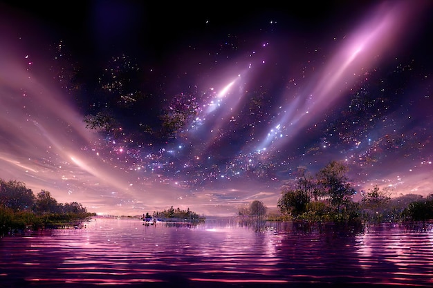 Splendide lac de nuit étoilée en illustration 3D d'art numérique