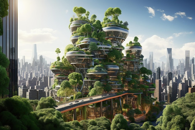 Photo splendide paysage urbain écofuturiste ville futuriste de domaines forestiers urbains