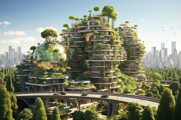 Photo splendide paysage urbain écofuturiste ville futuriste de domaines forestiers urbains