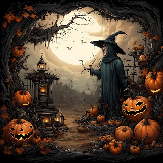 Spooky Halloween cadre Clipart citrouilles sorcières