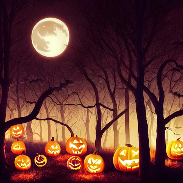 Spooky mystérieuse forêt de nuit d'Halloween avec des citrouilles rougeoyantes Jack O' Lanterns Illustration 3D