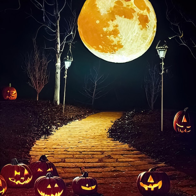 Spooky mystérieuse forêt de nuit d'Halloween avec des citrouilles rougeoyantes Jack O' Lanterns Illustration 3D