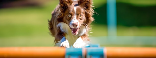 Sport d'agilité pour chiens un chien saute par-dessus un obstacle dans une bannière de compétition réalisée avec l'IA générative