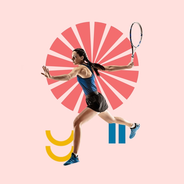 Sport créatif et style géométrique. Joueur de tennis en action, mouvement sur fond rose. Espace négatif pour insérer votre texte ou votre annonce. Design moderne. Collage d'art contemporain coloré et lumineux.