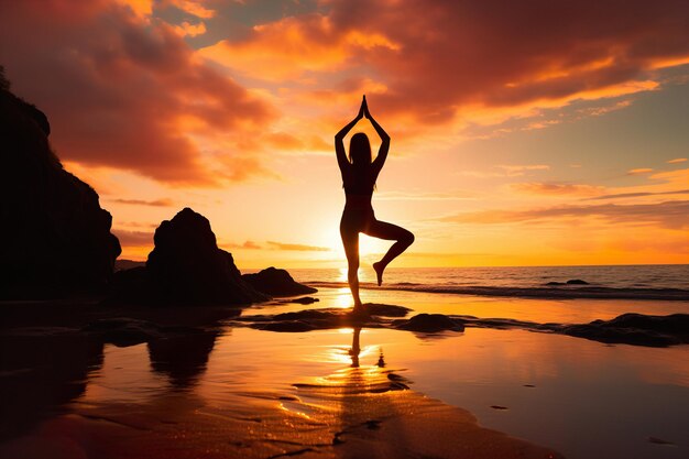 Sport et silhouette de femme attrayante faisant des exercices de yoga sur la plage de l'océan au coucher du soleil