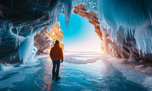 Photo un sportif explore une magnifique grotte de glace.