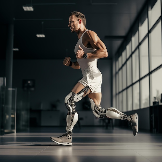 Sportif avec des jambes prothétiques bioniques s'entraînant au gymnase Homme avec des membres artificiels robotiques rétablissement et réhabilitation IA générative