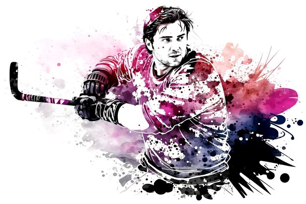 Sportif jouant au hockey sur splash arc-en-ciel aquarelle Art généré par le réseau de neurones