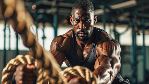 un sportif noir faisant des cordes de bataille dans le gymnase