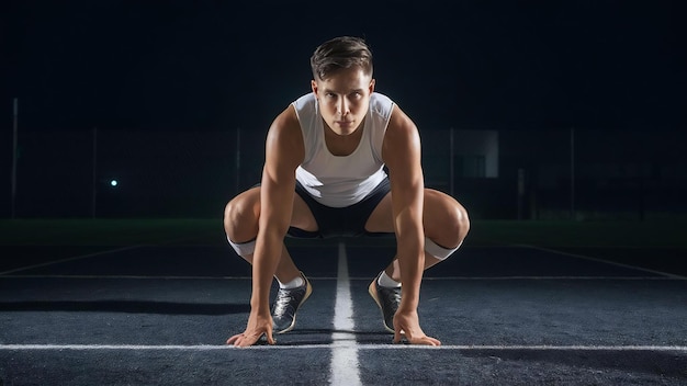 Photo un sportif qui commence à s'accroupir dans le noir.