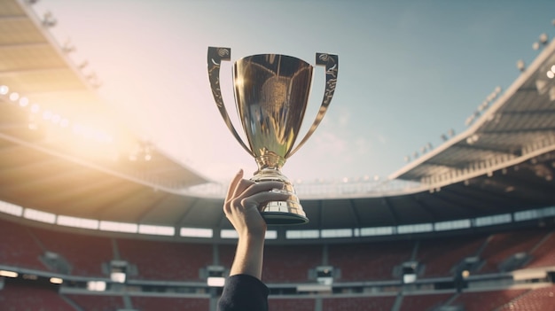 Sportif tenant le trophée contre la vue du stade Generative Ai