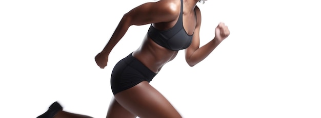 Sportive africaine, coureuse, femme en mouvement, coure à travers le pays en compétition, fond blanc.