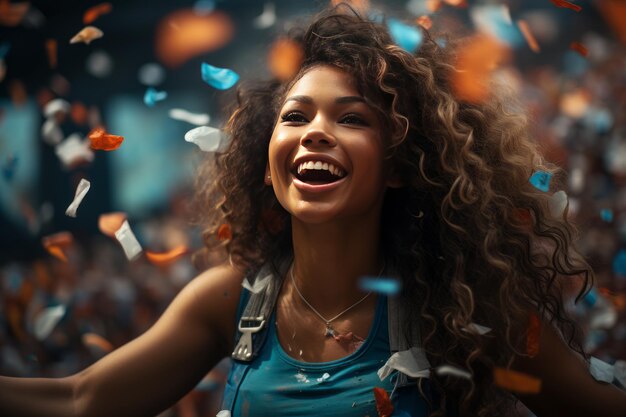 Une sportive afro-américaine heureuse fête sa victoire avec des confettis qui tombent.