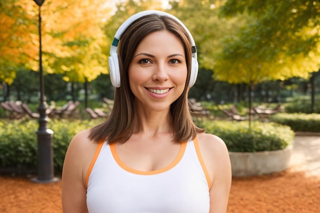 Sportive d'âge moyen souriante heureuse portant des écouteurs au parc