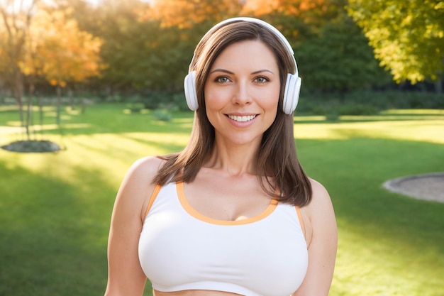 Sportive d'âge moyen souriante heureuse portant des écouteurs au parc