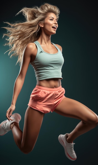 Une sportive énergique et joyeuse, une fille en short et en crop top, sautant pour le plaisir de la forme physique.