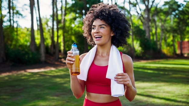 Une sportive joyeuse avec une bouteille et une serviette.